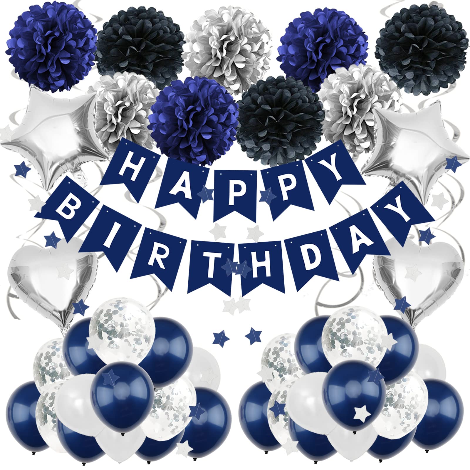 ZERODECO Birthday Decorations for Men, Navy Blue Birthday Party Decorations Happy Birthday Banner Pompoms Balloon for Boys Girls Men Women Birthday Party Decorations Supplies - Navy Blue Black Silver
