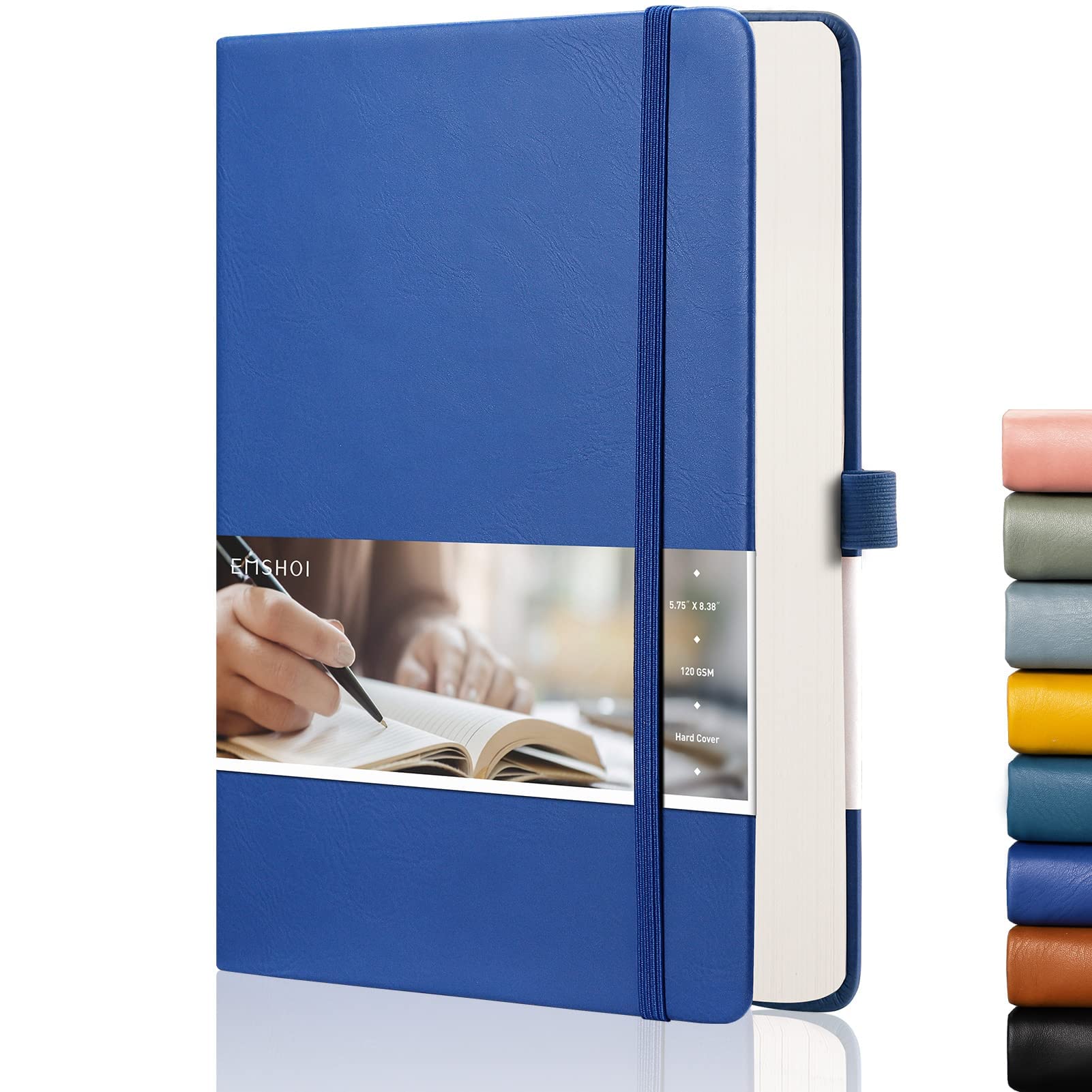 EMSHOI A5 Notebook Dotted Journal - 21.4 x 14.5 cm, 256 Pages, 120gsm Thick Paper, Pen Holder, Back Pocket, Hardback Faux Leather Notepad for Women Men Bullet Journaling - Blue