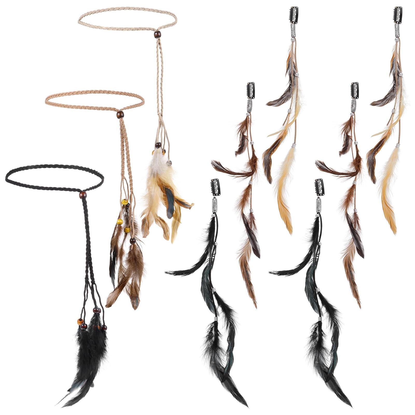 9Pcs Feather Headband with Clip - Boho Hippie Hair Extensions and Headpiece Set with Comb for Women