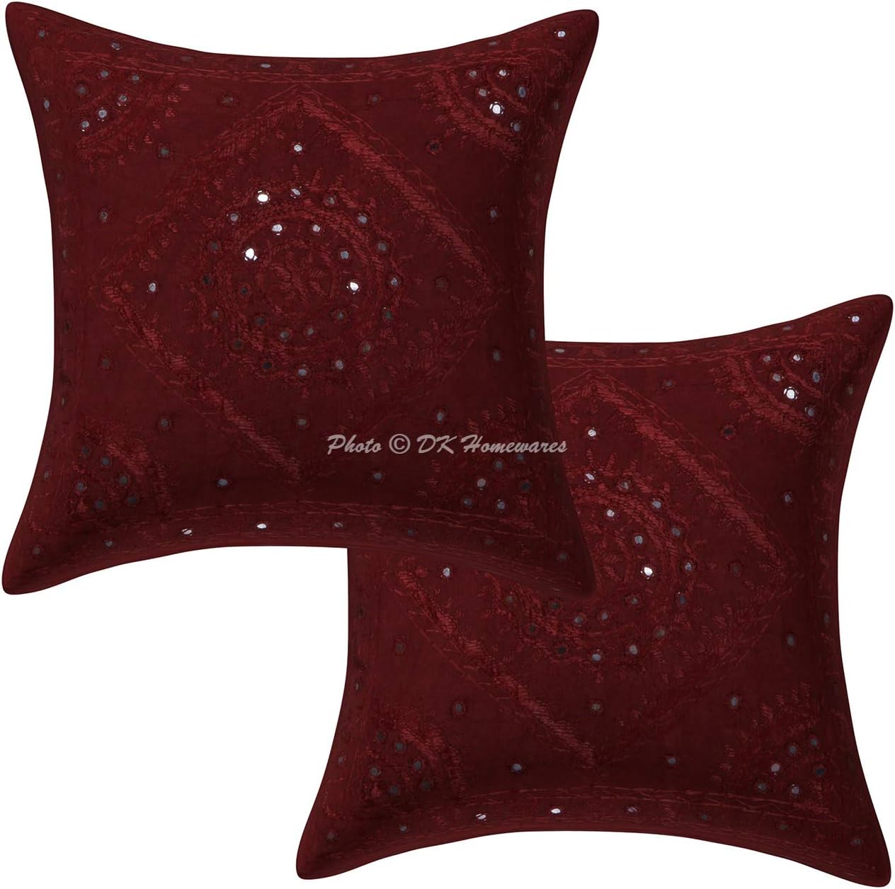 DK Homewares Cotton Rajasthani Mirror Embroidered Cushion Covers 16 by 16 Set of 2 Maroon Square Decorative Settee Living Room Cushion Covers 40cm x 40cm Pillow Cases