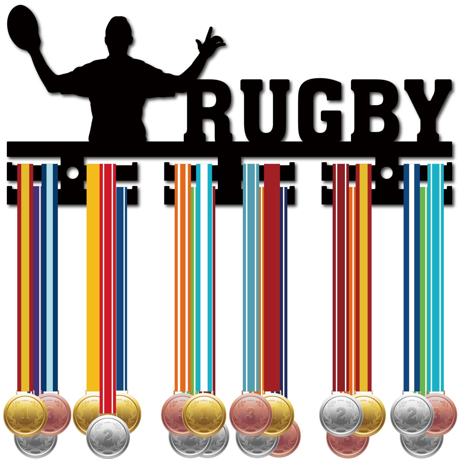 CREATCABIN Medal Hangers Rugby Medal Holder Display Sports Rack Acrylic Frame with 12 Hooks Wall Mount Decor Small Medal Hanger Organizer for Hanging Over 40 Player Medals Awards 11.4 x 5.1Inch Black