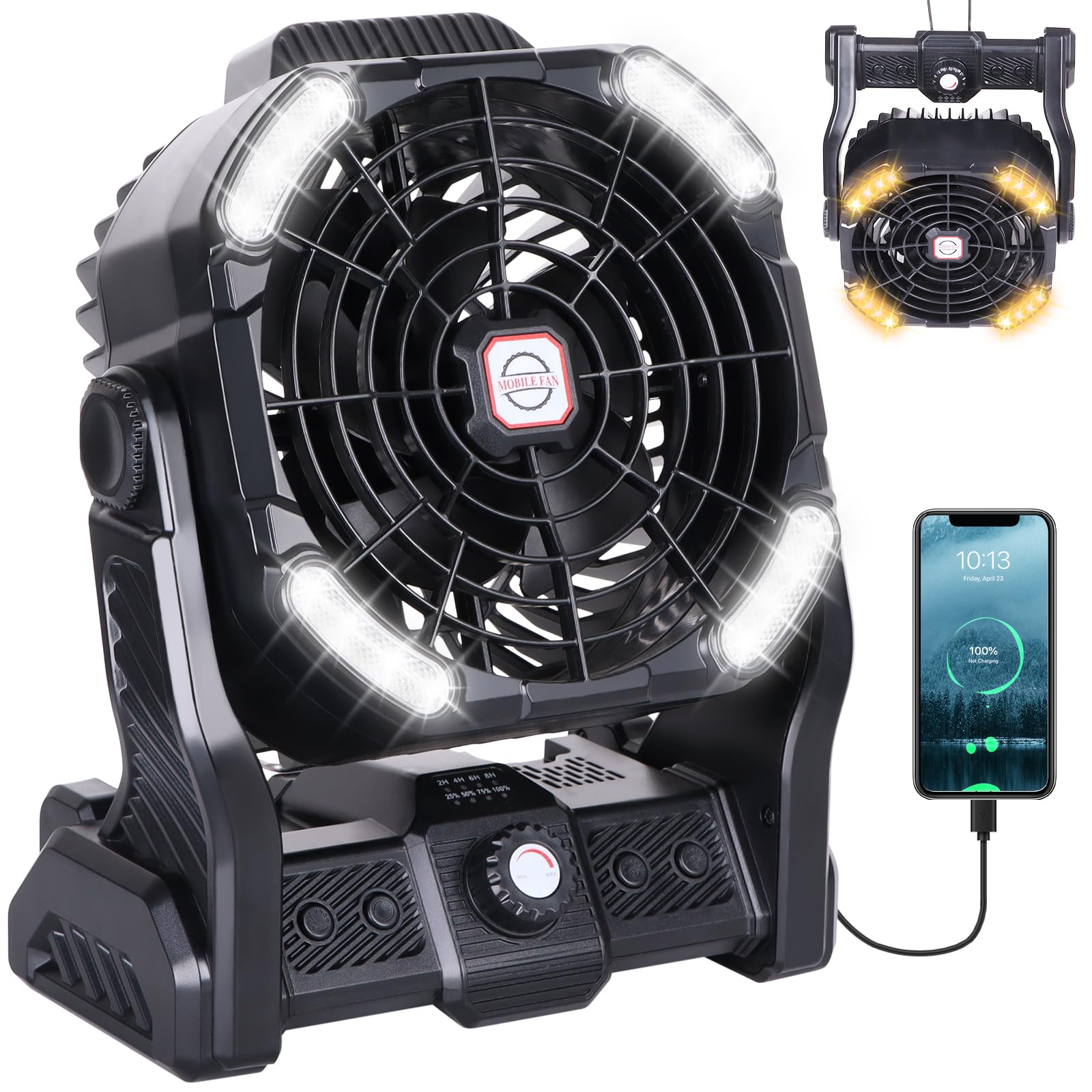 Battery Powered Fan,20000mAh Camping Essentials Rechargeable Cordless Camping Fan with LED Light & Hook，270° Pivot USB Table Battery Operated for Tent Black X26