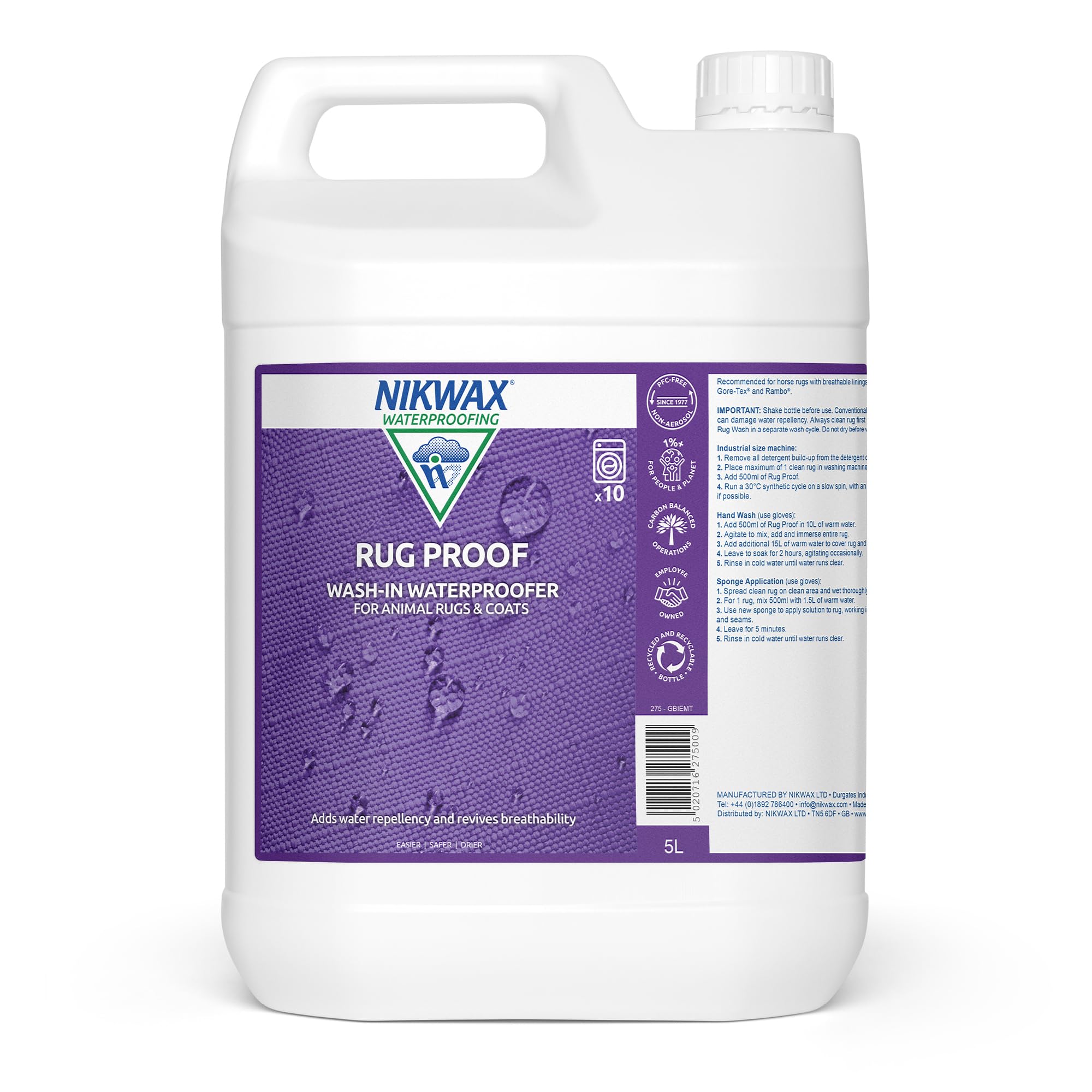 Nikwax RUG PROOF Waterproofing for Horse Rugs & Animal Coats – Adds Durable Water Repellency & Maintains Breathability – PFAS-free, Eco-Friendly & Easy Wash-In Application - 5 Litre