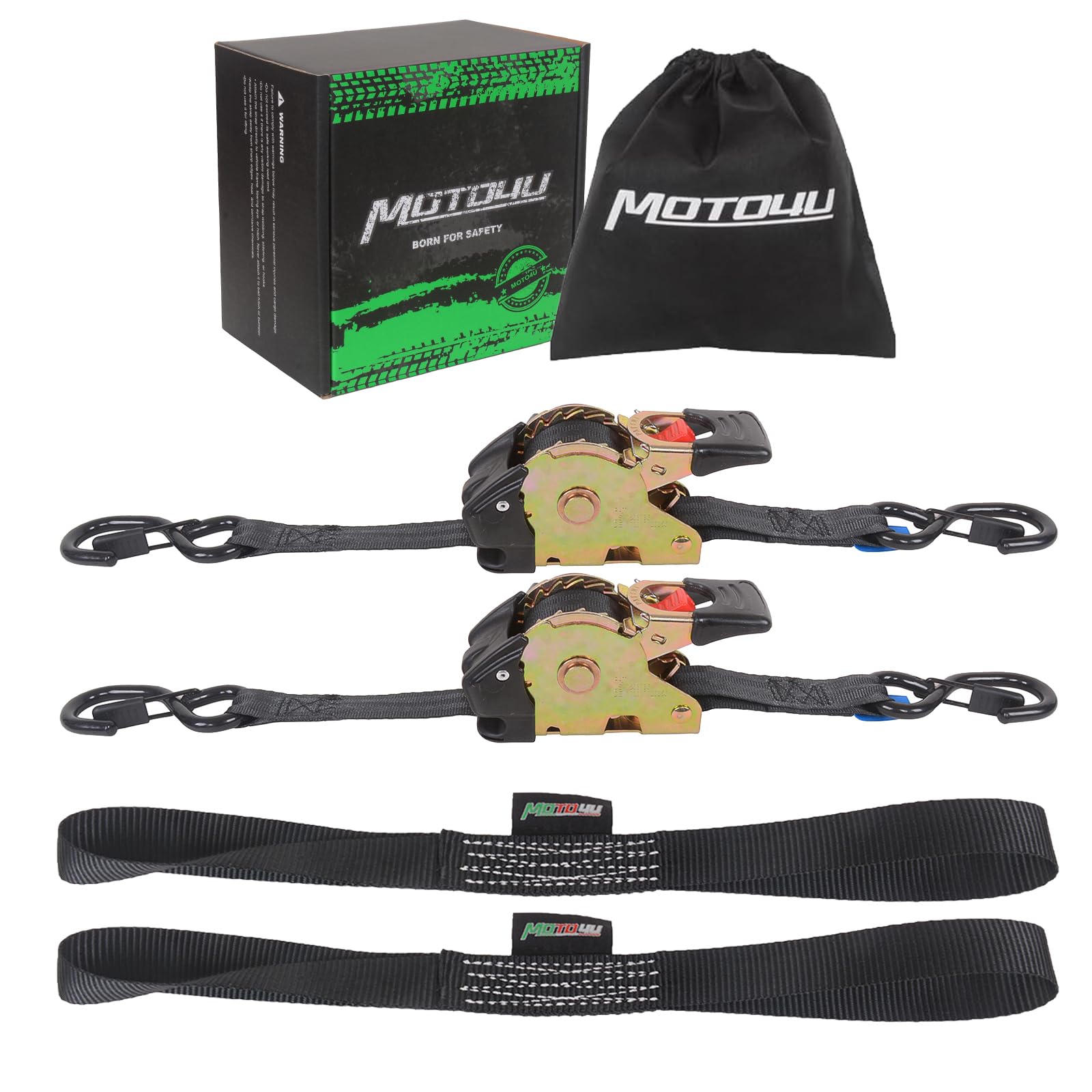 Photo 1 of MOTO4U Retractable Ratchet Straps,1" x 10' Self Ratcheting Ratchet Tie Down Straps with Soft Loops &Storage Bag,Heavy Duty Upgrade S-Hook 660LBS for Motorcycle Kayak ATVs Boats(2PCS)
