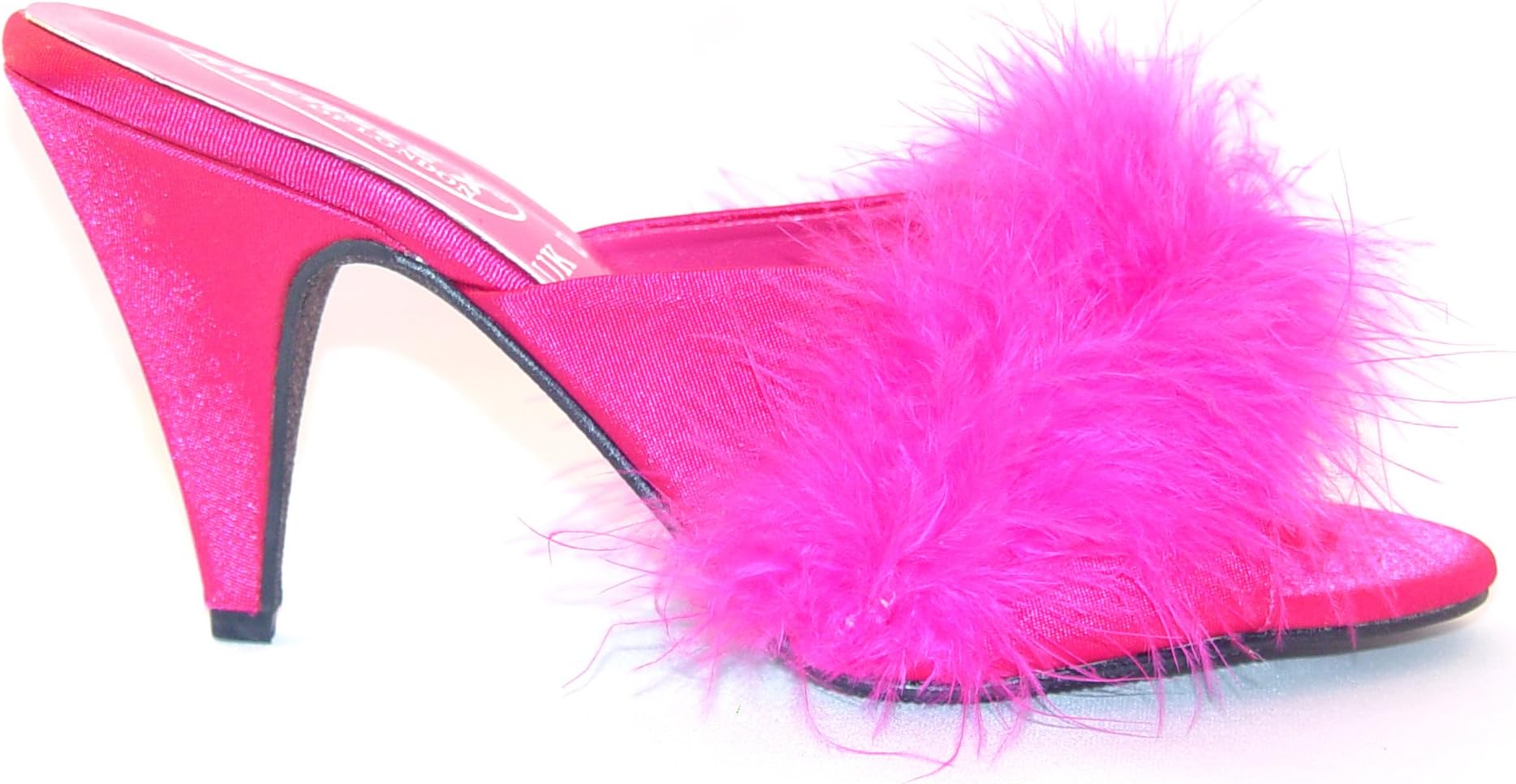 latest Fashion – 803 Fuchsia Slippers Satin with Fluffy Faux Feathers 3.5” Inch Court Heels.