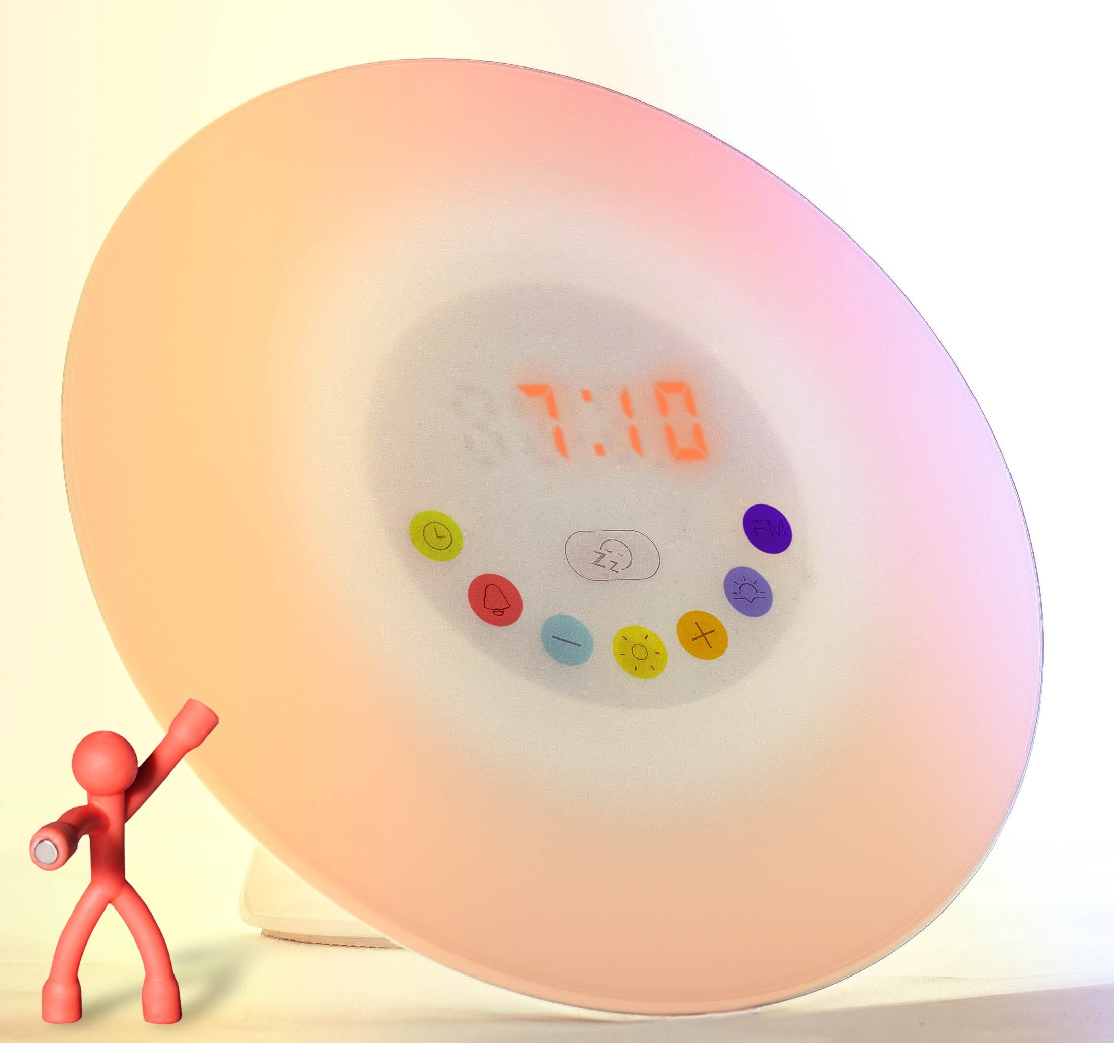 In Happy Alarm Clock Radio FM Wake Up Light Sunrise Simulation Nature Sounds Bedside Touch Lamp Color Changing Night Light and Lucky Toy