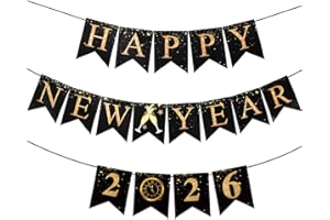 ZEPTRIX Happy New Year Banner Decorations 2026,Large Size 16.4 Feet New Years Eve Decorations Happy New Year Sign No DIY Hanging Gold Black Paper Flag Bunting for New Years Backdrop NYE Party Supplies 2026