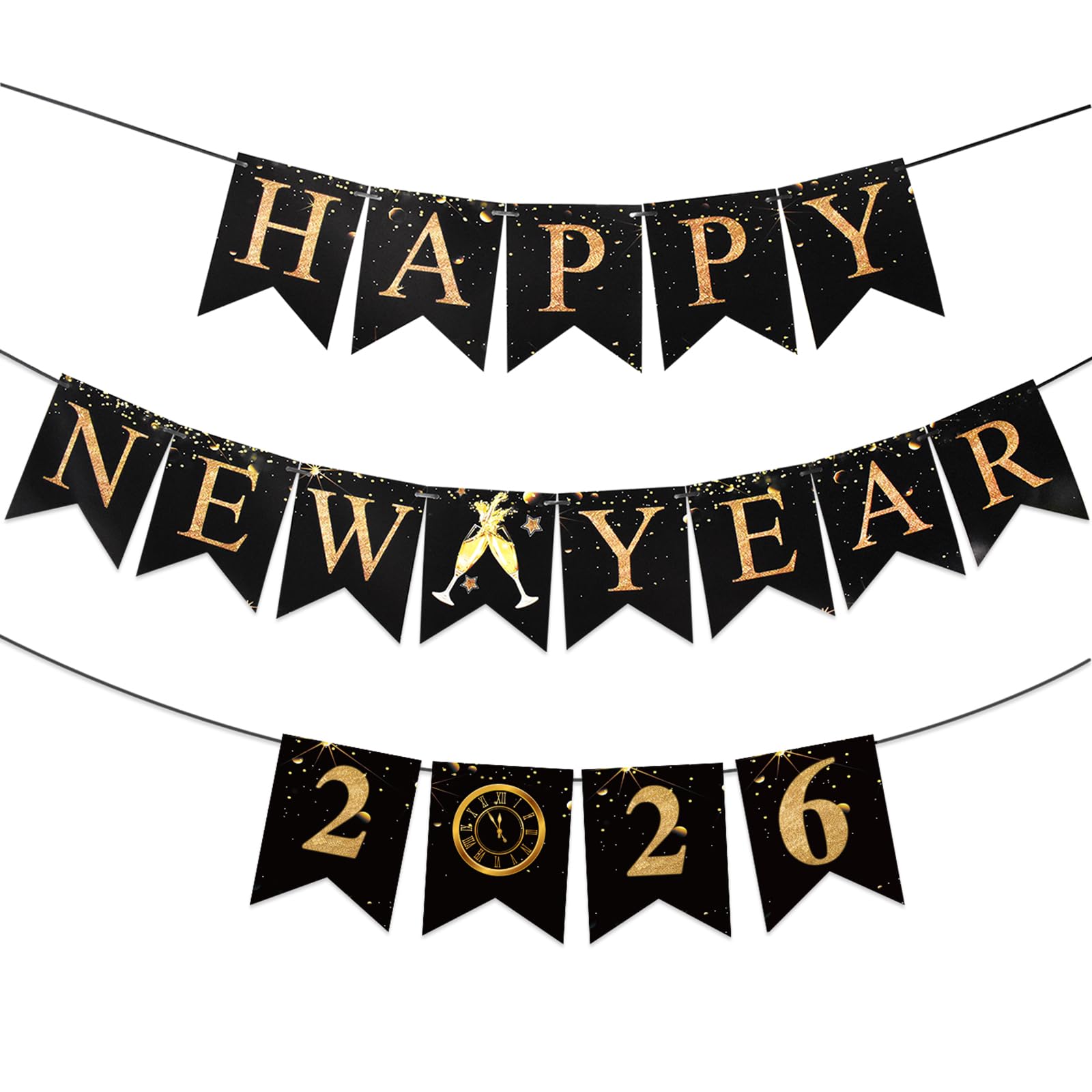 Photo 1 of Happy New Year Banner Decorations 2026,Large Size 16.4 Feet New Years Eve Decorations Happy New Year Sign No DIY Hanging Gold Black Paper Flag Bunting for New Years Backdrop NYE Party Supplies 2026