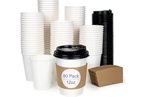 ESSENTIAL 80pcs 12oz Disposable Paper Coffee Cups with Lids, Sleeves and Labels, White Leak-Proof Coffee Cups for Hot or Cold