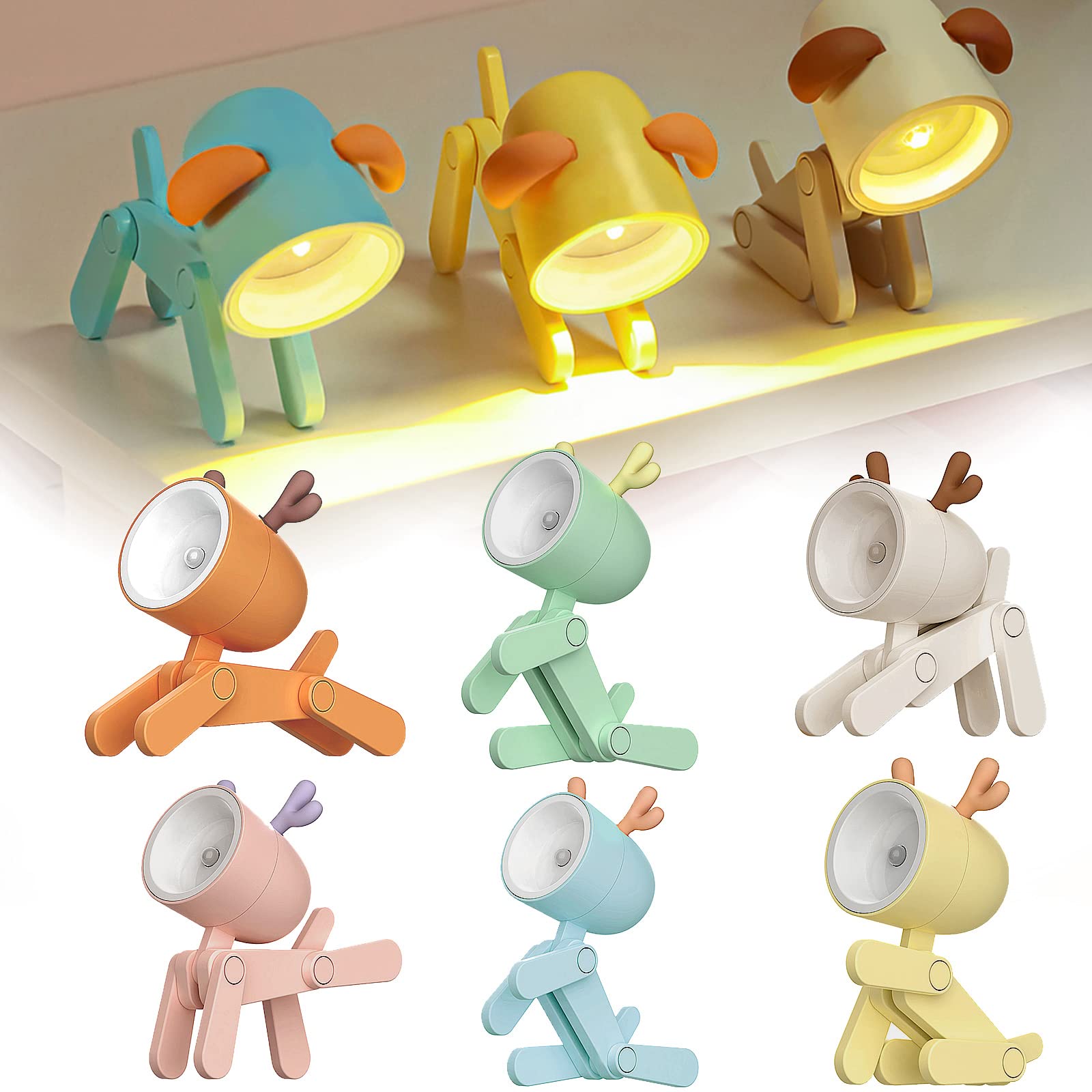Blanketswarm 6 Pcs Dog Night Light,LED Cute Night Light Small Phone Holder Animal Night Light Cartoon for Children Student Room Desk Nursery Christmas Gifts (Assorted/Deer)