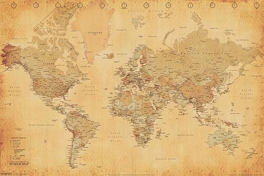 Pyramid America Antique World Map Vintage Style Longitude Latitude Earth Atlas Cool Wall Decor Art Print Poster 18x12