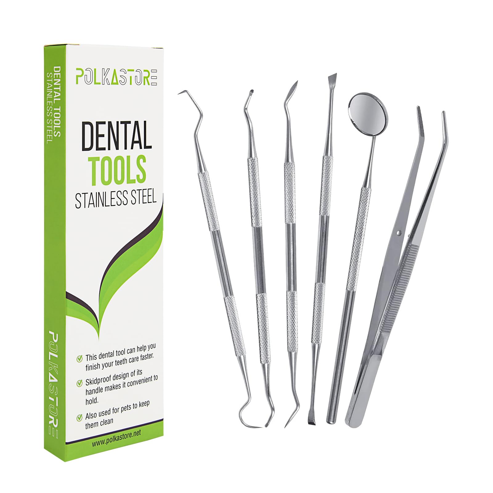 Photo 1 of Dental Tools, 6 Pack Teeth Cleaning Tools Stainless Steel Dental Scraper, Pick Hygiene Set with Mouth Mirror, Tweezer for Dentist, Personal Using, Pets - Teeth Cleaning Kit - Dental Cleaning Kit