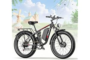 PUJH Electric Bike, 52V/60V 25Ah Peak 3000W Dual Motor 26" Fat Tire Ebike for Adult, Max 36 mph & 40-110 Miles Full Suspension Hydraulic Brake Off Road Mountain Electric Moped Bicycle