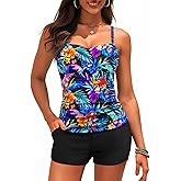 Women's Tankini Swimsuits with Shorts - Two Piece Tummy Control Bathing Suit Twist Bandeau Swimwear with Pockets 2025