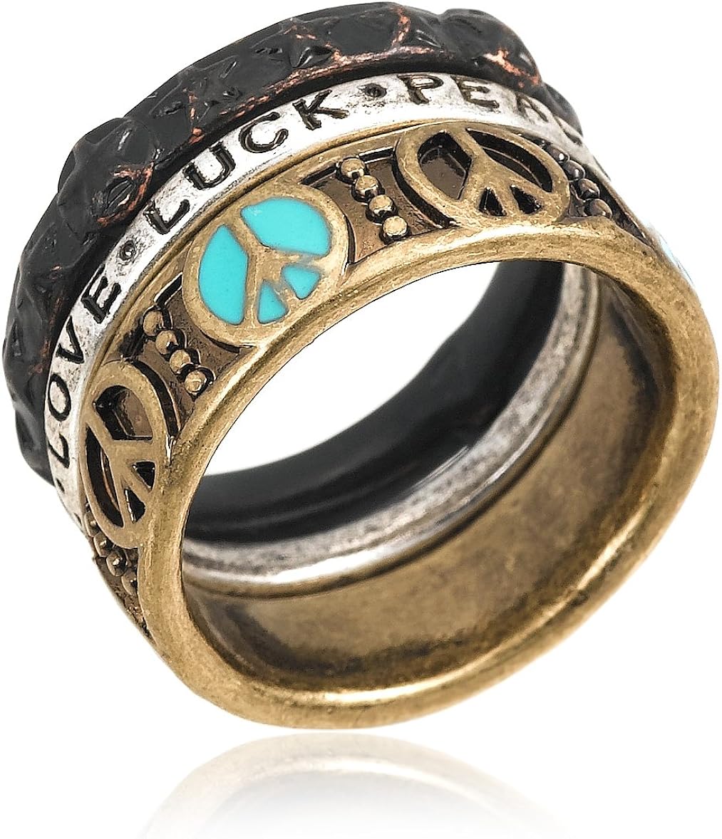 Lucky Brand TwoTone Peace Love Luck Ring, Size 7 Jewelry