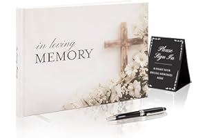 Modern Album Designs Cross Hardcover Funeral Guest Book - 9.5 x 7 Celebration of Life Guestbook for Memorial Service with 5x7 Paper Sign, Pen, Black Photo Corner Stickers
