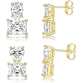 MDFUN 18K Yellow Gold-Plated Cubic Zirconia Stud Earrings for Women – 2 Pairs Heart Oavl Rectangle CZ Hypoallergenic Earrings