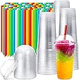 Lallisa 100 Sets Clear Plastic Cups with Dome Lids and Colorful Straws, Disposable Clear PET Plastic Cups Beverage Cups for Party Iced Coffee Cold Drinks Juice Milkshake Smoothie Tea Dessert (32 oz)