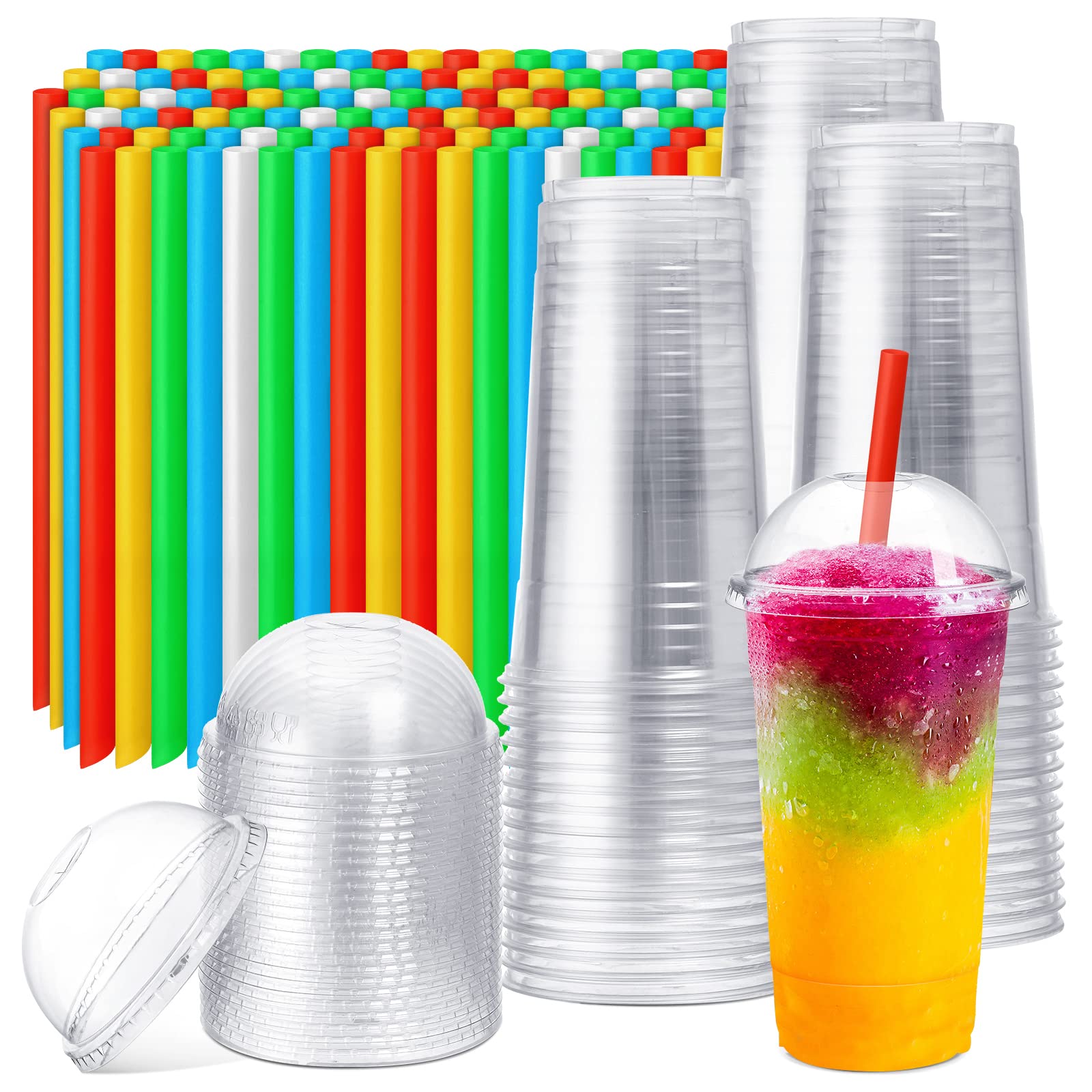 Photo 1 of Lallisa 100 Sets Clear Plastic Cups with Dome Lids and Colorful Straws, Disposable Slushie Smoothie Cups PET Beverage for Party Iced Coffee Cold Drinks Juice Milkshake Fruit Tea Dessert(32 oz)