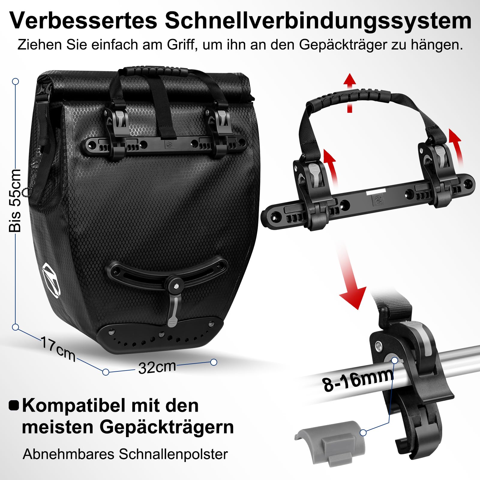 toptrek Fahrradtaschen für Gepäckträger, 23-28L Fahrradtasche Gepäckträger Wasserdicht, Gepäckträgertasche mit Reflektoren, Fahradtaschen Hinten Gepäckträger mit Tragegriff und Schultergurt 3