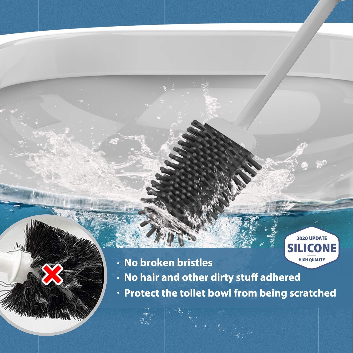 Holikme Silicone Toilet Brush and Holder Set for Bathroom, Deep-Cleaning Toilet Bowl Brush with Non-Slip Long Plastic Handle, Bendable Brush Head to Clean Toilet Corner Easily,Gray: Kitchen & Dining