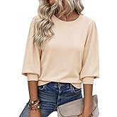 Cicy Bell Womens 3/4 Puff Sleeve Sweater Tops Fall Casual Crew Neck Lightweight Knit Pullover Loose Fit Scallop Trim Sweater