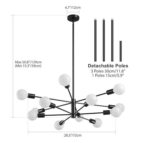 RUIYEY MODERN SPUTNIK CHANDELIERS LIGHT, 12-LIGHT BLACK CHANDELIERS FOR DINING ROOM, E26 HEIGHT ADJUSTABLE CHANDELIER CEILING LIGHTING FIXTURE FOR FARMHOUSE KITCHEN ISLAND LIVING ROOM FOYER