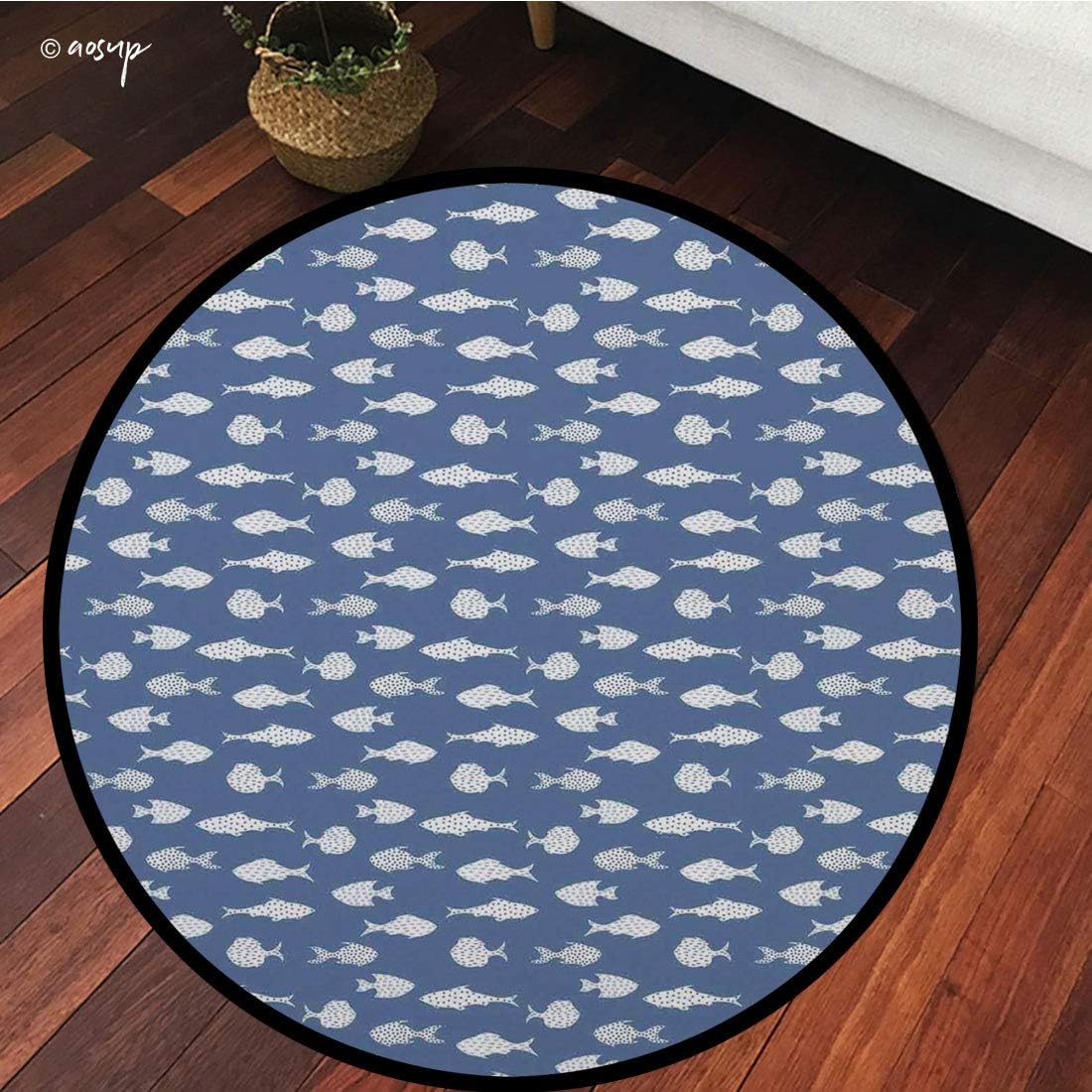 №11358 Round Area Rug Floor Kitchen Carpet, Fish, White Fish Silhouettes with Dots and Dashes Print On Blue Background Print, Ceil Blue and White, for Home Decor