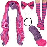 Giegxin Pink Purple Striped Cat Costume for Women Long Wavy Wig Furry Cat Ears Tail Striped Socks for Halloween Dress up
