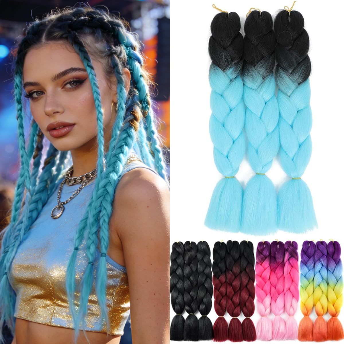 Yamel Ombre Kanekalon Braiding Hair Synthetic Hair Extensions for Braiding Crochet Twist Box Braids 24 Inch 2 Tone Black to Light Blue 3 Packs Jumbo Braiding Hair
