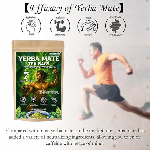 YERBA MATE TEA BAGS, 7 IN 1 SUPER ENERGY TEA, 7 HERBAL BLENDS INGREDIENTS – MATETEA + ASHWAGANDHA, CLEAN ENERGY, LIMITLESS CLARITY & FOCUS AND GUT HEALTH, 30BAGS/5.29OZ (30BAGS)
