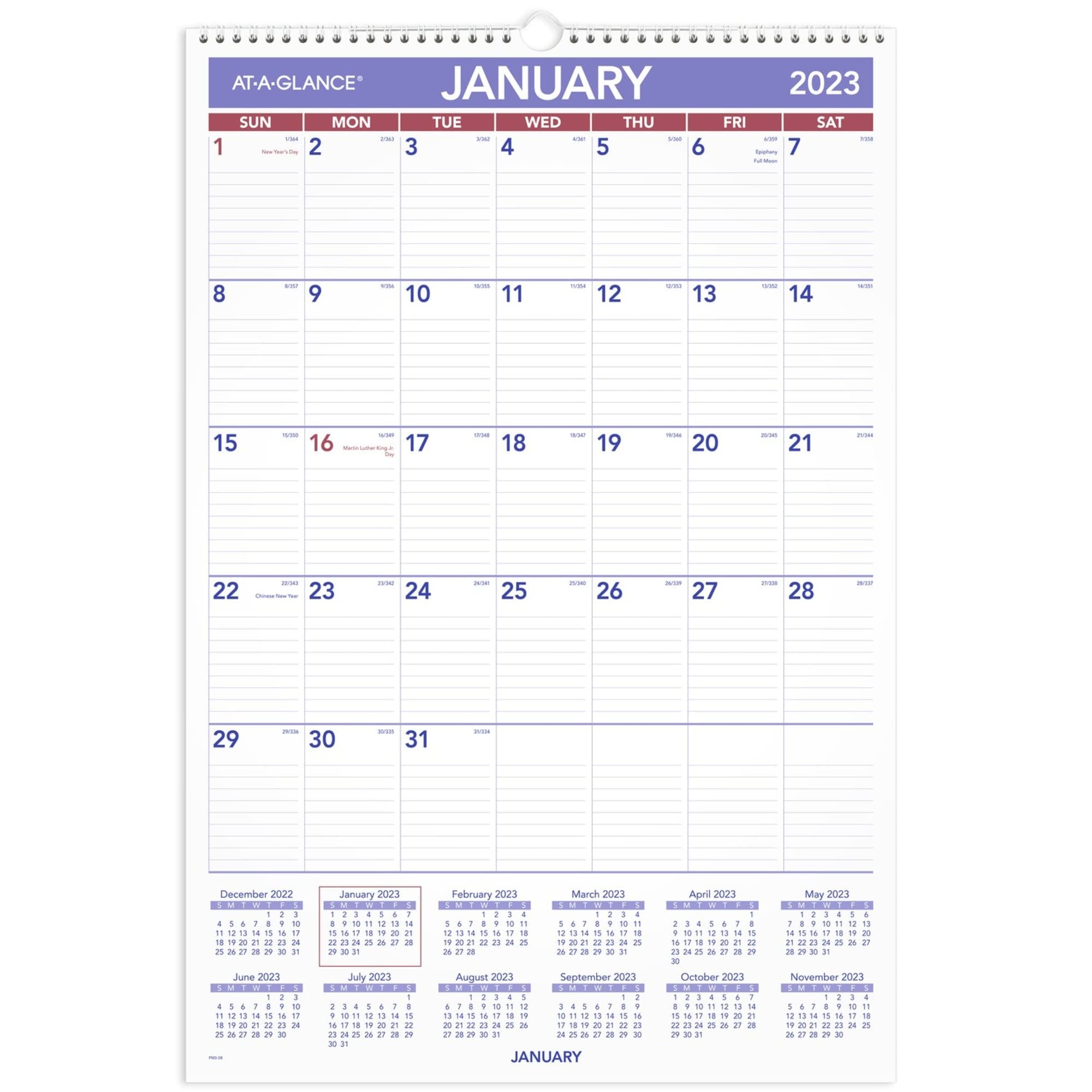 At-A-Glance 2023 Wall Calendar, 15-1/2" x 22-3/4", Large, Spiral Bound, Monthly (PM328), Blue, PM32823
