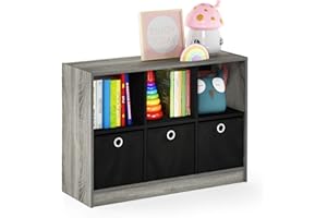 Furinno Basic 3x2 Cube Storage Bookcase Organizer with Bins, French Oak Grey/Black