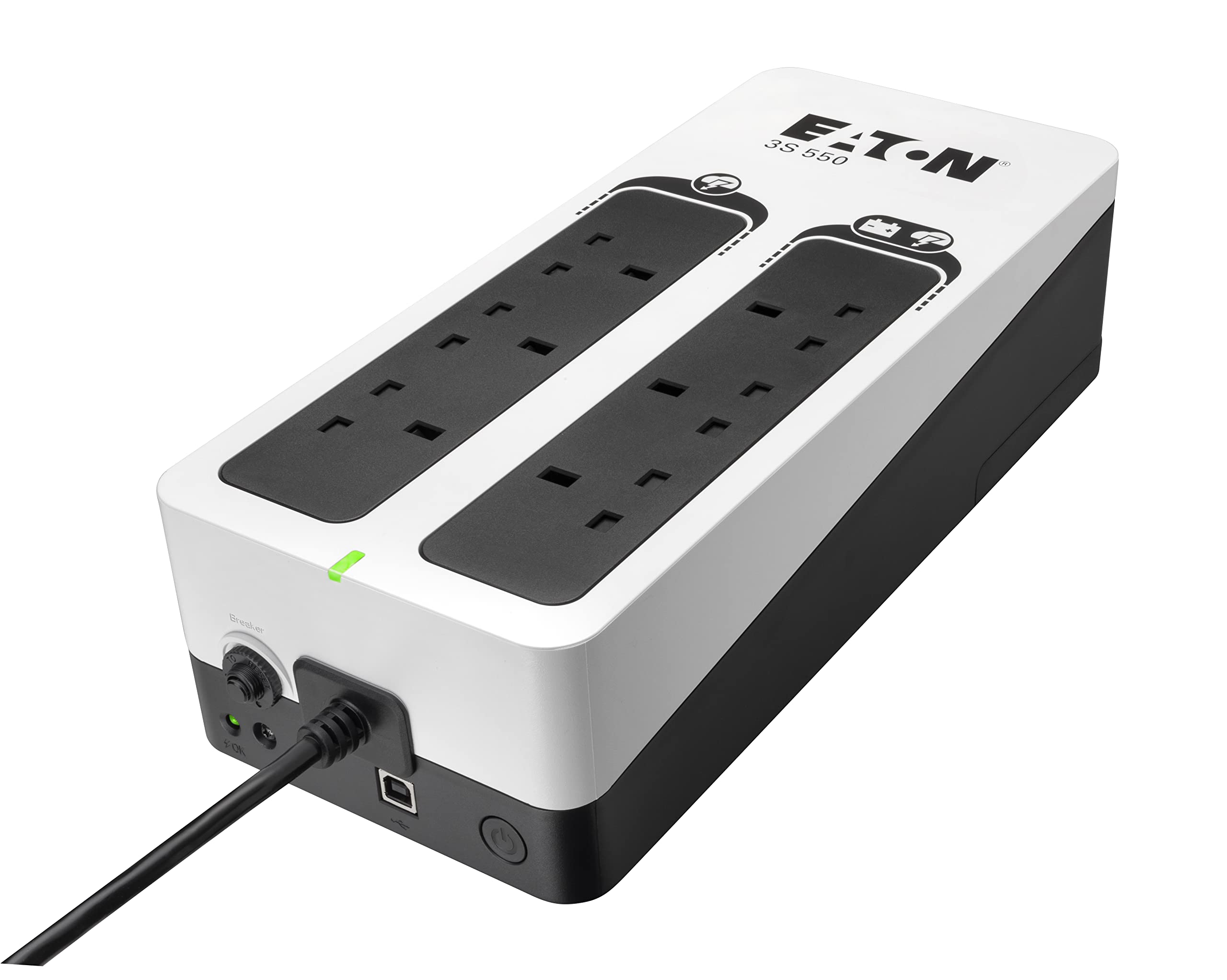 Eaton Serie 3S UPS 3S550I – 550VA 330W Off‑Line Power Backup, Silent Operation for PCs & Home Office, 8× IEC‑C13 Outlets with Battery & Surge Protection, USB Interface, Black & White (B082TGSP1V)