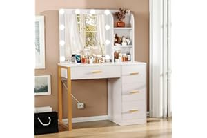FIONESO Makeup Vanity Desk with Mirror & Lights, Vanity Desk with 4 Drawers & Charging Station, Dressing Vanity Table with Open Storage Shelves, 3 Color Modes, Vanity Table for Bedroom, White