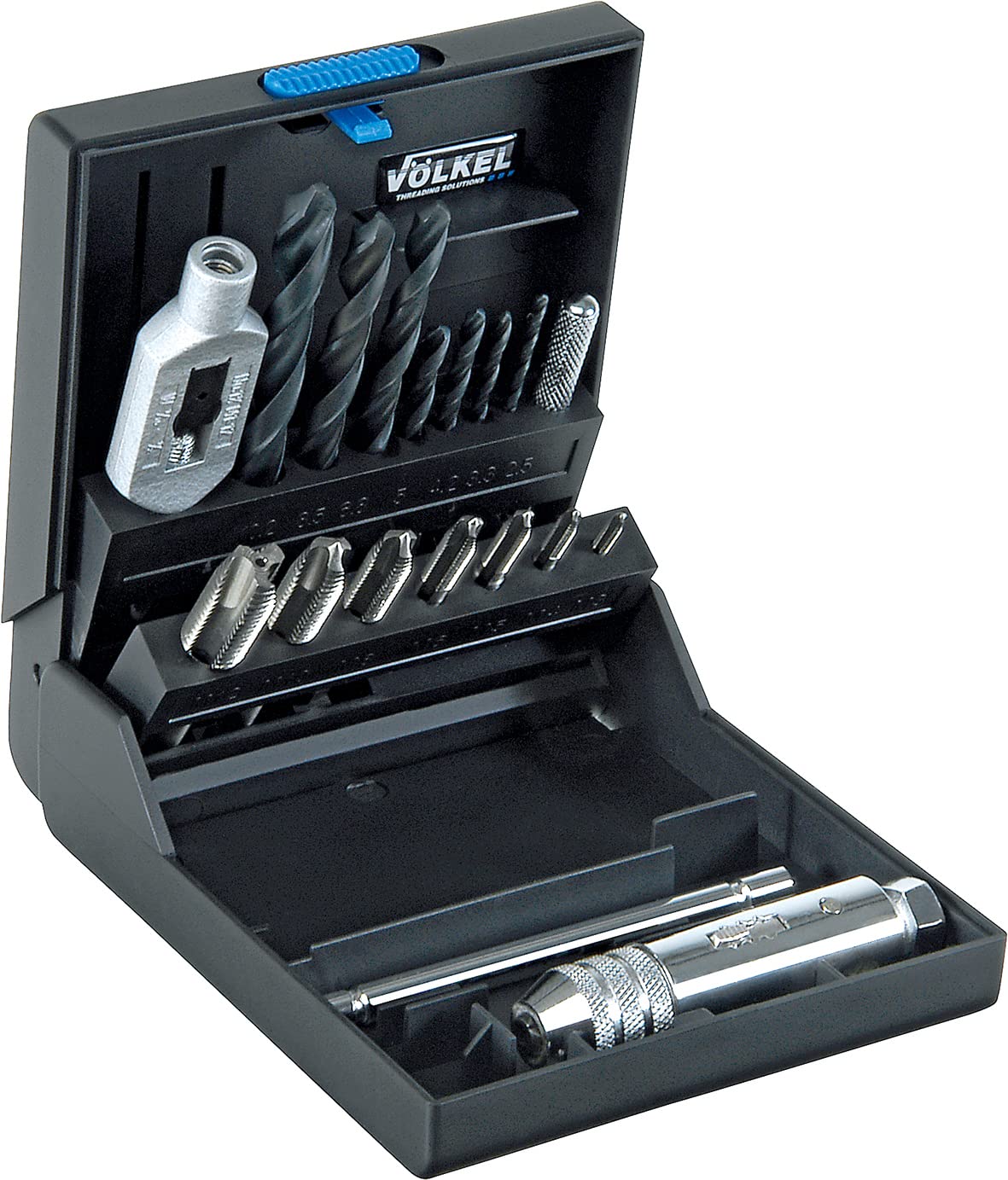 VÖLKEL Short Machine Tap Set M3-M12, 16 pcs | HSS-E | Metric ISO Thread DIN 13 | Includes Ratchet Tap Holder, Adjustable Tap Wrench and Core Hole Drill Bits | Plastic Case