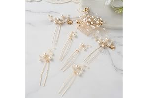 SWEETV Bridal Wedding Hair Accessories Set of 7, Pearl Wedding Hair Comb Rhinestone HairPins Leaf HairPieces Elegant Bridal H