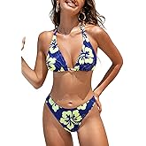 CUPSHE Women's Bikini Sets Two Piece Swimsuit V Neck Halter Back Self Tie Low Rise Bottom