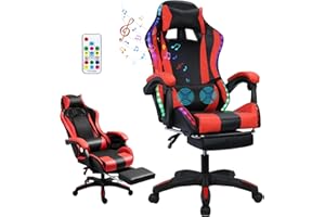 GOODLIEST Gaming Chair with Bluetooth Speakers and Led Lights, Massage Gamer Chair with Footrest High Back and Lumbar Support, Ergonomic Height Adjustable Video Game Chairs Recliner for Adults (Black Red)