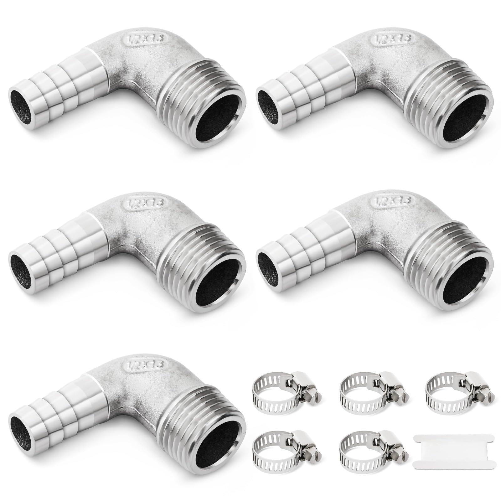 Josaton Hose Barb Fitting Josaton 90 Degree Elbow Hose Fitting Stainless Steel 1/2” BSP Male x 13mm Barb Pipe Connector for Water Fuel Air with Hose Clamps 5 Sets