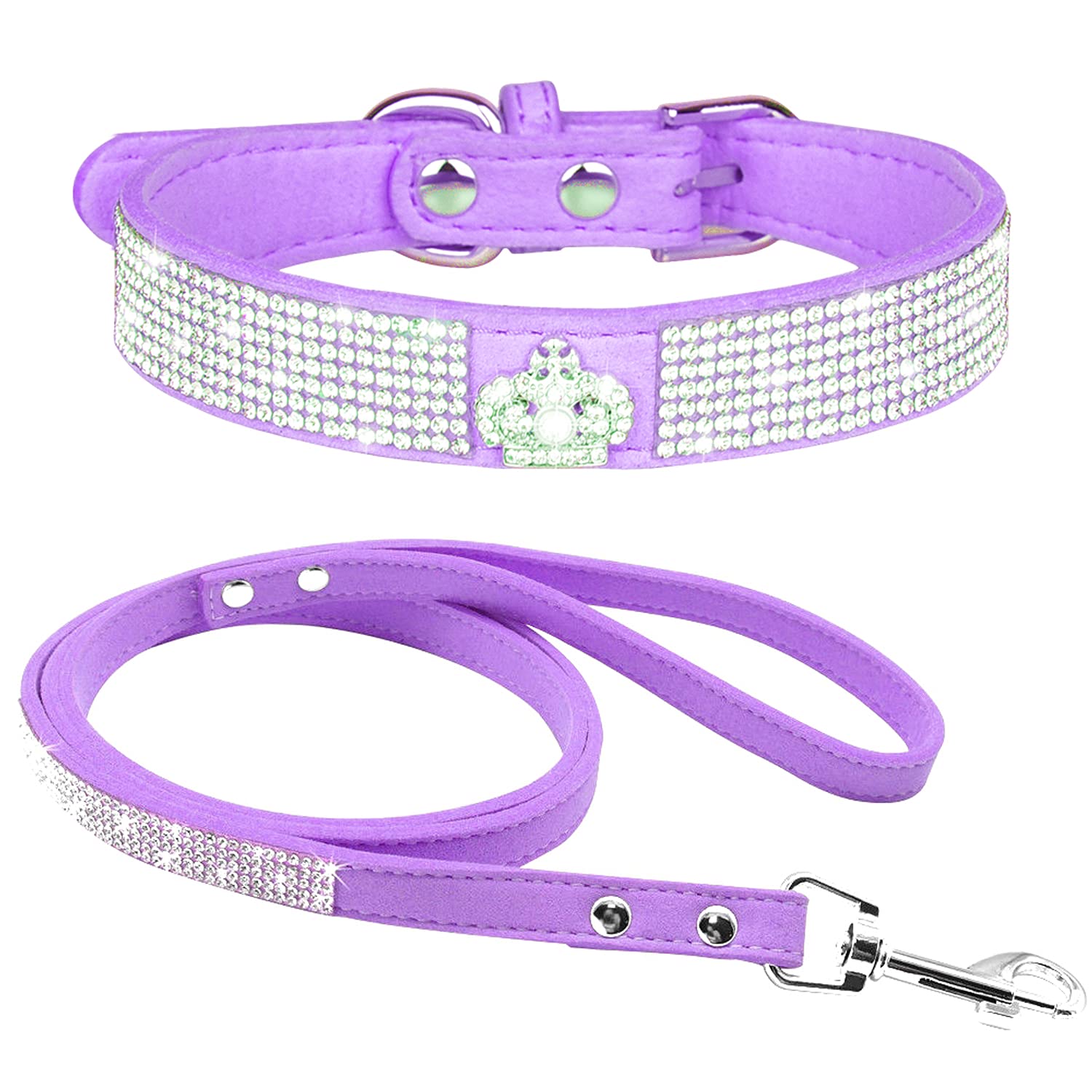 haoyueer Rhinestone Dog Collar, Cute Dazzling Sparkling Soft Suede Leather Dog Cat Rhinestone Collar Leash Crystal Diamond Pet Dog Puppy Collar (L, Purple-4)