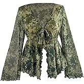 OYOANGLE Women's Plus Size Floral Bell Sleeve Ruffle Blouse 70s Tie Front Peplum Flare Sheer Tops