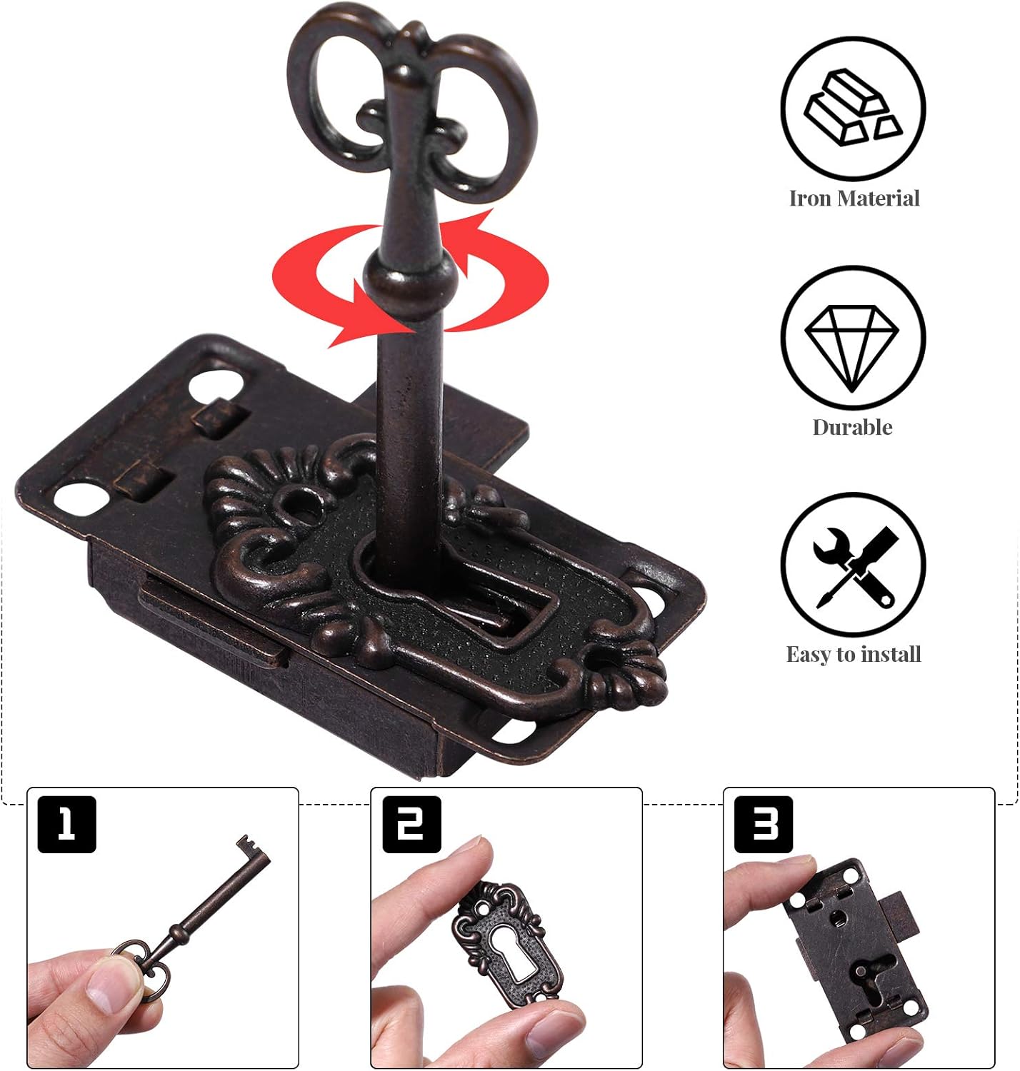 Yardwe, Antique Cabinet Door Lock, Decorative Furniture Lock with Key, 2 Pieces, Black - Image 5