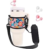 LUCKINEE Water Bottle Carrier Holder with Shoulder Strap Water Bottle Handle Strap Sling for Stanley 30&40oz Tumblers with 2pc Straw Covers Toppers for Stanley Cup Accessories (Floral Print)