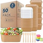 MINCOCO 50 Count Paper Bowls Disposable Meal Prep Containers with Lids【Includes 50 Wooden Forks + 100 Labels】 Salad Food Containers Freezer & Microwave Safe Leakproof Soup Bowls (19 Ounce, 50-Count)