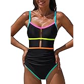 popvil Women One Piece Swimsuit 2026 Sporty Neon Bathing Suit Tummy Control Swim Suit Cut Out Adjustable Straps Swimwear
