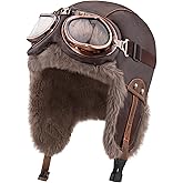 Peicees Leather Aviator Hat and Goggles Vintage Pilot Cap- Winter Fur Hat with Earflaps Pilot Costume Adult Men Women