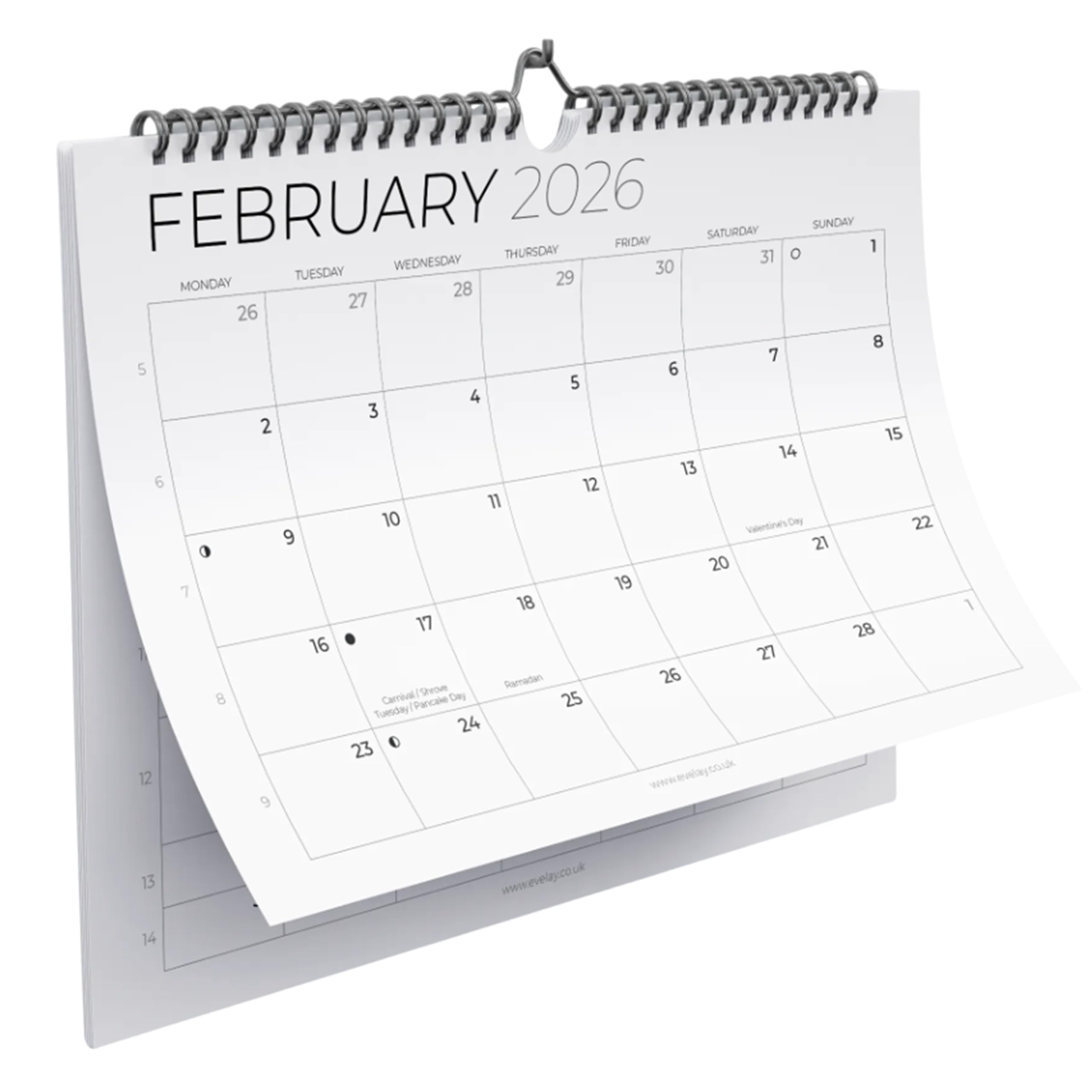 Wall Calendar 2026 UK - Month to View A4 Landscape Family Planner - Spiral Bound Monthly Organiser with Large Day Boxes - Grey & White Design