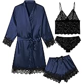QLVKYW Womens 4 Pcs Lingeries Silk Pajamas Robes Set Sexy Pjs Cami Shorts Satin Sleepwear Lace Loungewear