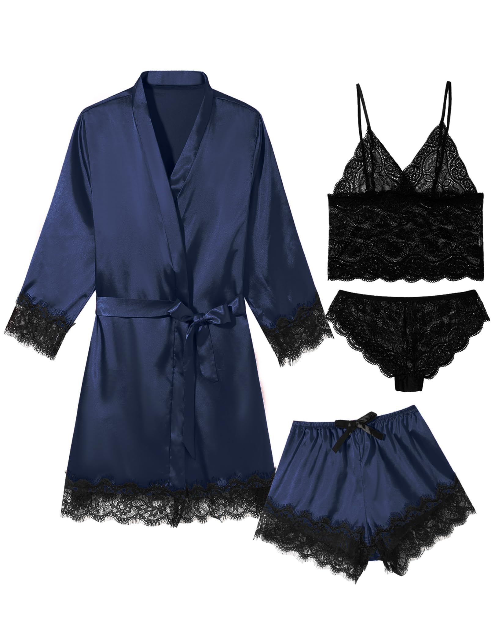 Photo 1 of QLVKYW Womens Sexy Silk Pajamas Set Lace Cami Short Robe Satin Sleep Wear Soft Lingerie Pjs Set Navy Blue, M